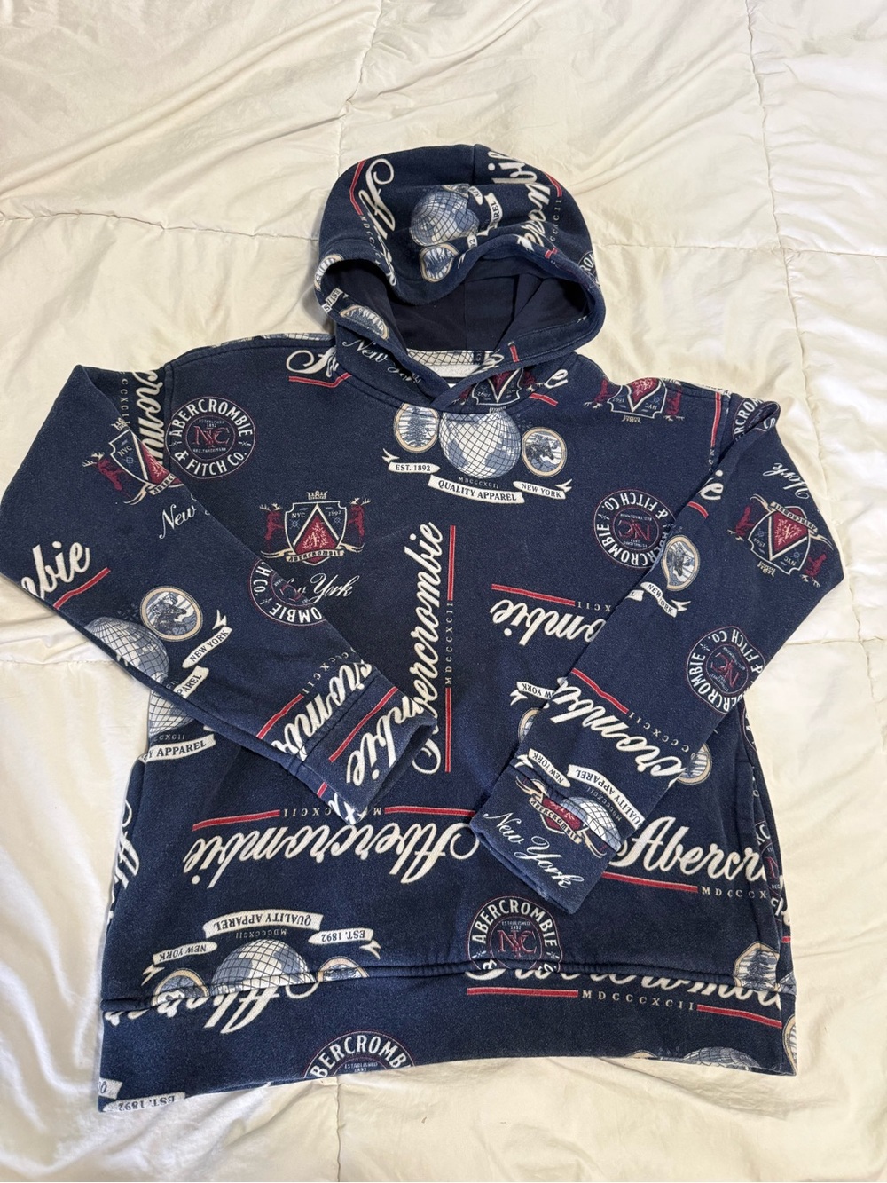 abercrombie kids Navy Hooded Pullover with Script & Crest Prints